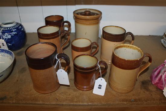 J. Stiff & Sons two-tone brown stoneware lidded jar & 7 similar mugs by Stiff, Doulton, etc (8)